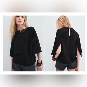ZARA ZW Collection Black Flowing Cape Sleeve Lightweight Chic Blouse Top Sz L